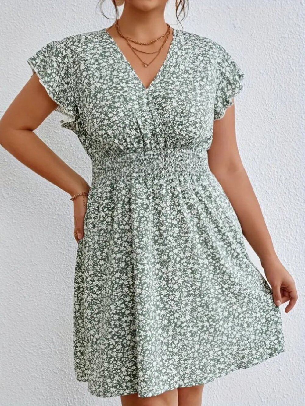 New Surplice V‑Neck Flutter Sleeve Dress – Smocked Waist – A‑Line – Size 1X